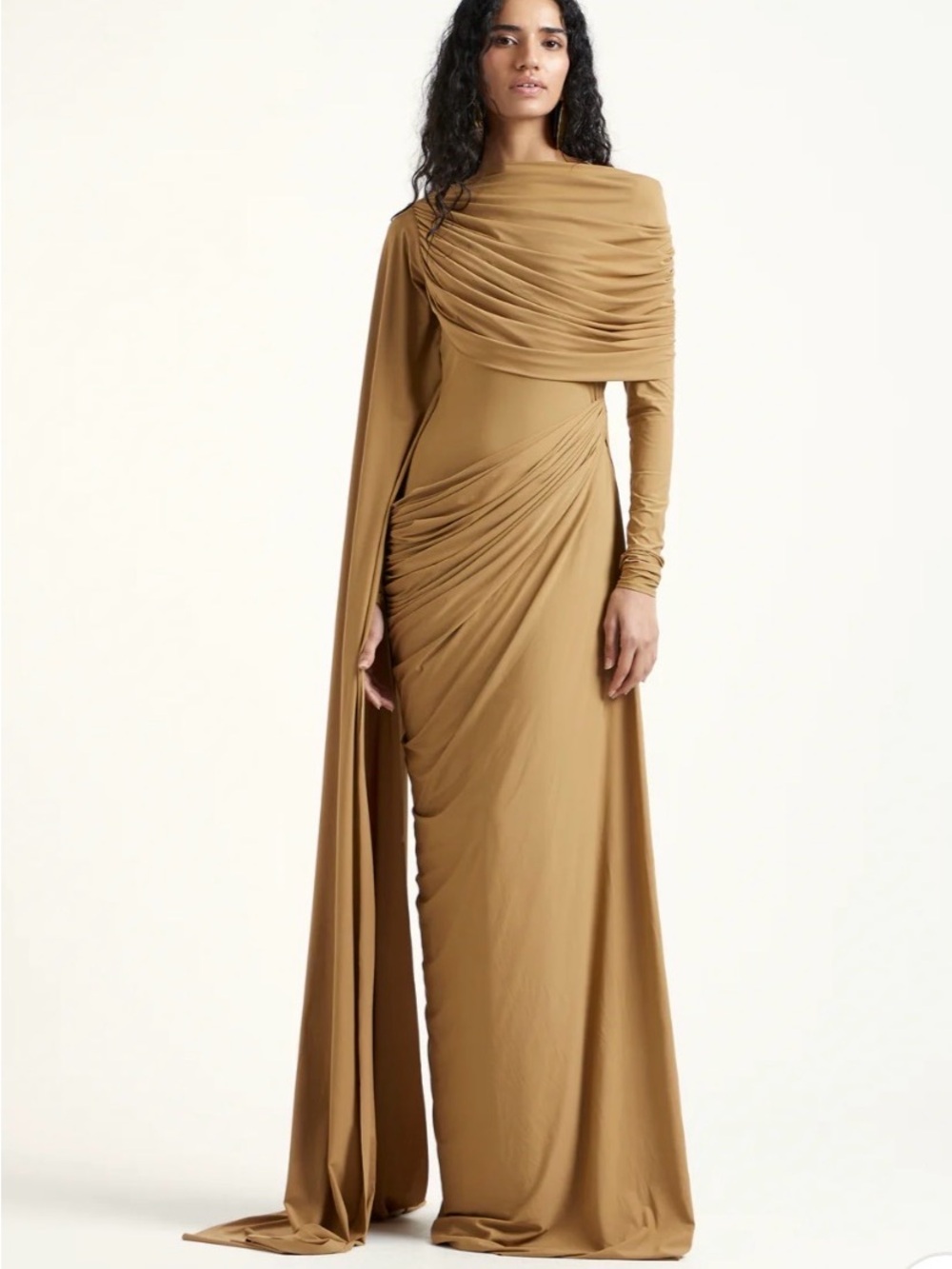 Draped Maxi Evening Gown in Camel
